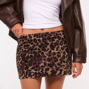 Leopard Print Mid Rise Denim Mini Skirt